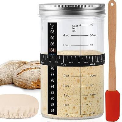 40oz/1200ml Sourdough Starter Kit Sour Dough Bread Baking Supplies | Sourdough starter glass jar for beginners to experts include extra thermometer strips and a vented cover