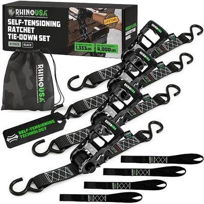 Rhino USA Self Tensioning Ratchet Straps (4 Pack) - 1.6in x 15ft Cargo | Patented design for constant tension when load shifts. Heavy duty for motorcycle, ATV, UTV, truck, trailer & cargo. Black