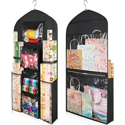 Woodoulogy Hanging Gift Wrapping Paper Storage, 48x24 (Extra Large) Black Double-Sided Christmas Wrapper Bag Container, Oxford Long Craft Roll Organizer, Present Wrap Holder for Closet, Door