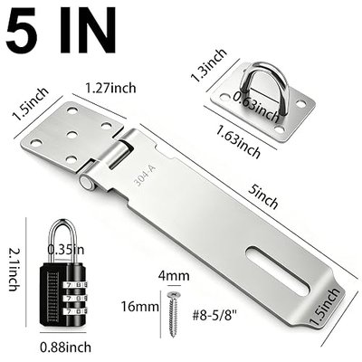2Pcs Door Locks Hasp Latch,5 Inch 304 Stainless Steel Safety Packlock Clasp Hasp Lock Latch,Hinge Lock Padlock with Screws for Gates,Doors,Cabinets, Closets and More