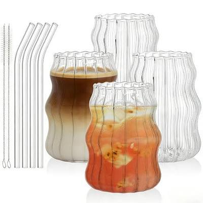 Tebery 4 Pack Cute Drinking Glasses, 16 Oz Ribbed Iced Coffee Cup Tumbler with Straws, Aesthetic Vintage Water Glassware Mug for Cocktail Smoothie Juice Beverage Milk Tea
