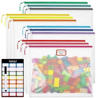 YOPCDJ 12pcs Mesh Zipper Pouch Bags, A4 Puzzle Bag (12 Colors, 12 Packs) for Organizing, Classroom Must Have Storage Bag, File Bags for School, Board Games and Office Supplies