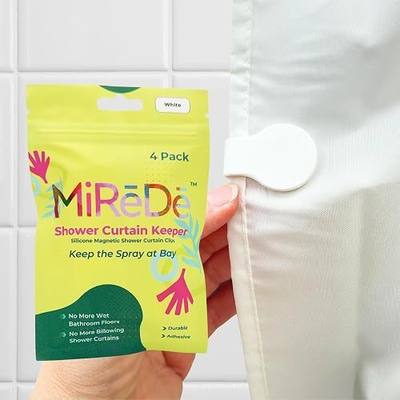 4 Pack Self Adhesive Shower Curtain Clips – Wall Mounted Clips Keep Curtain Closed and Contain Water Inside Shower – Easy Install Bathroom Splash Guards – Shower Accessories (Bright White)