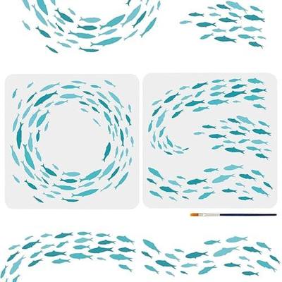 MAYJOYDIY School of Fish Stencil Reusable Ocean Theme Painting Template | 11.8x11.8In Washable Hollow PET, Shoal of Fish Design, With Paint Brush, for Crafts and Decorations on Wood Wall Fabric Decor