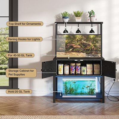 40-50 Gallon Fish Tank Stand with LED Light Power Outlets, Heavy Duty Aquarium Stand with Storage Shelf and Hooks, Metal Rack for Turtle Lizard Reptile Terrariums, 37" L*19" W, 660LBS Capacity, Black