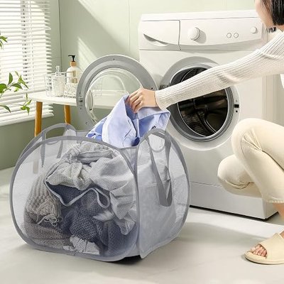 Collapsible Mesh Pop Up Laundry Basket with Side Pocket & Handles, Grey | 90L, Foldable, Pop up Hamper, Reinforced Durable Laundry Hamper for Home, Laundry, Bathroom, Dorm or Travel