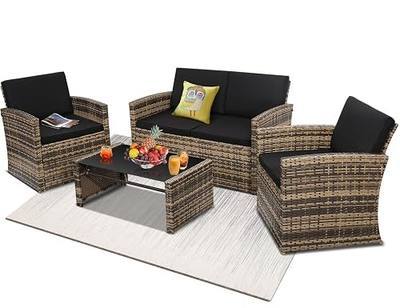 KROFEM 4 Piece Patio Furniture Set, Outdoor Wicker Conversation Set | Washable Cushions, 2 Armchairs + Loveseat Sofa + Coffee Table, Hand Woven UV Treated Wicker, Rustproof Steel Frame, Black