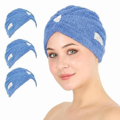 HALLEY Cotton Hair Towel Wrap (3 Packs) Super Absorbent Fast Drying Hair Towel for Thick Hair Turbans for Wet Hair with Button (Blue)