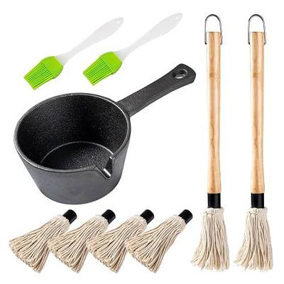 BBQ Mop Brush and Cast Iron Sauce Pot Set, 11-in-1 Value Pack | 2Pcs Wooden Long Handle, 6 Brush Heads, 1 Cast iron BBQ Pan and 2 Silicone Brushes for Grilling all Types of Ingredients
