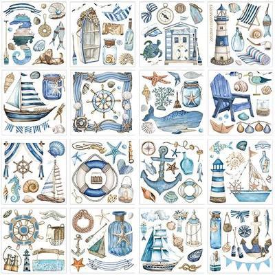 Dispowreath 16 Pcs Summer Ocean Nautical Rub on Transfer for Crafts Furniture 6x6 Inch Lighthouse Under The Sea Ship Animal Rub on Transfer Stickers Decals for DIY Wood Glass Window Home Decor