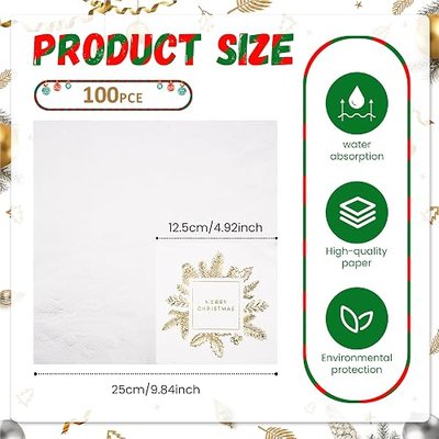 100 Pack of Paper Cocktail Napkins with Gold design,Formal Dinner, Anniversary, Merry Christmas, Guestrooms, Restrooms(5 x 5 in,3-ply) (Gold MC)