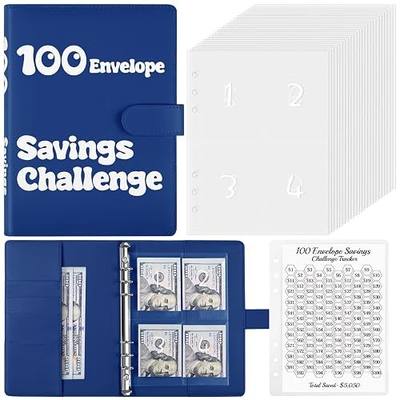100 Envelope Money Challenge Binder, A5 PU Budget Book with Cash Envelopes, Savings Binder for Planning and Saving $5050, Dark Blue