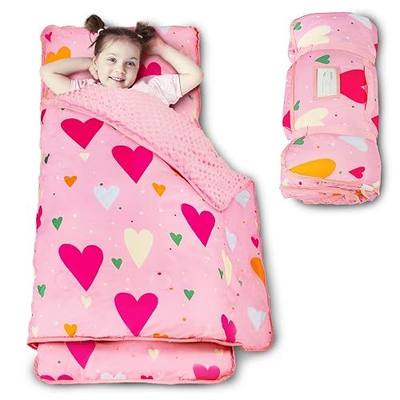 Toddler Nap Mat with Pillow and Blanket, Extra Large Sleeping Bag | 55"x35" Sleeping Mat, Washable, Easy to Roll, Perfect for Preschool, Daycare, Kindergarten, Travel, Boys and Girls, Hearts