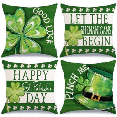 GEEORY Happy St. Patrick's Day Pillow Covers 20 x 20 Inch Set of 4, Green Shamrock Good Luck Leprechaun Hat Pinch Me Farmhouse Throw Pillowcases for Home Sofa Couch Cushion Decoration G431-20