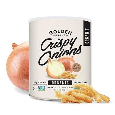 Golden Farms Organic Crispy Fried Onions - Kosher, Vegan, Gluten-Free, NON-GMO, USDA Organic - 12 Oz (Two Pack, 6oz each) Great on Salads, Burgers and Green Bean Casseroles.