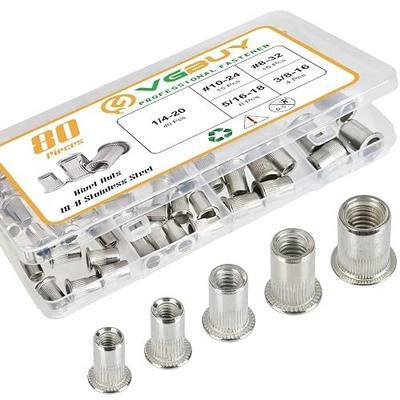 VGBUY 80Pcs Rivet Nut Kit, SAE Rivet Nuts Assortment #8-32, 10-24, 1/4"-20, 5/16"-18, 3/8"-16, 304 Stainless Steel Rivnut, Flat Head Threaded Insert Nut, Knurled Body (VG30528)