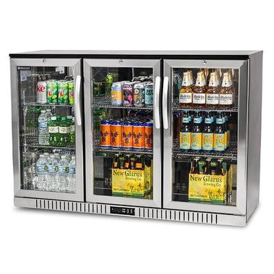 Procool 54" 3-Door Back Bar Cooler, Glass Door Beer Fridge, Stainless Steel | Counter height beverage refrigerator with white LED lighting, energy efficient, for bars, restaurants and homes, US Support
