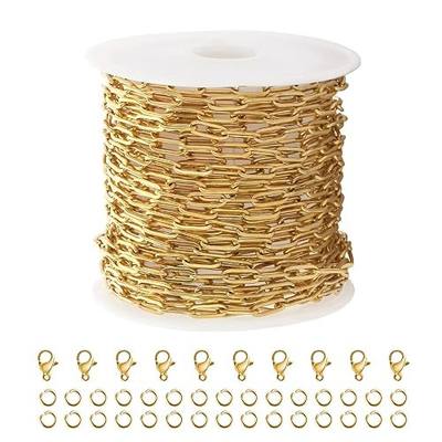Kyutong 5M Gold PVD Plated Necklace Chain for Jewelry Making | 304 Stainless Steel Jewelry Chain Roll 3MM Paperclip Chain Link with Jewelry Clasps Men Women Handcraft DIY Jewelry Findings