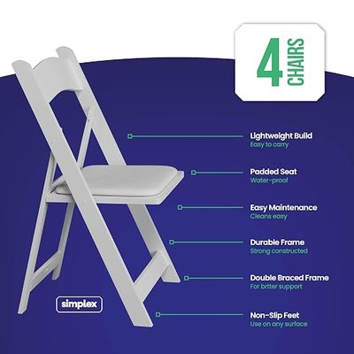 SIMPLEX 4 White Folding Chairs – Resin Stackable Foldable Chairs with Padded Seats – Comfortable White Folding Chairs for Indoor/Outdoor Events – Lightweight Resin Chairs (4 Pack)