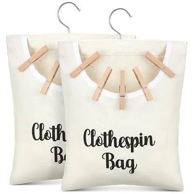 2 Pcs Canvas Clothes Pin Bag Hanging Clothespin Holder 11 x 13 in | Clothes Pin Bag to Hang on Line, Storage Organizer Basket, with Hook Large Opening, For Clothesline Outdoor