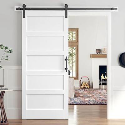 36x84 Inch White Sliding Barn Door Slab with 6.6ft Hardware Kit Included, 5-Panel, MDF Wood Panel Covered with Water-Proof Scratch-Proof PVC Surface, Simple DIY Assembly