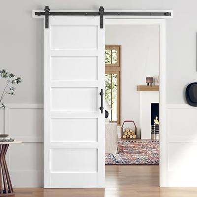 32x84 Inch White Sliding Barn Door Slab with 5.5ft Hardware Kit Included, 5-Panel, MDF Wood Panel Covered with Water-Proof Scratch-Proof PVC Surface, Simple DIY Assembly