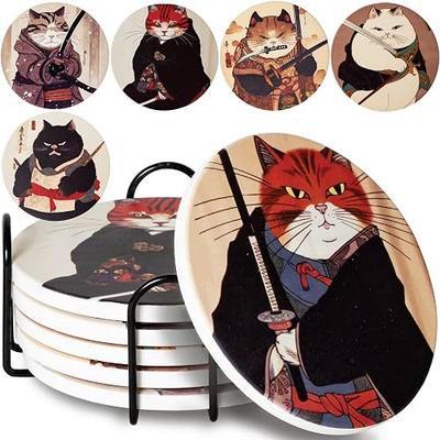 Ninja Cat Coasters Set of 6 - Funny Coasters Anime Cat Gifts for Men | Durable Ceramic Cat Coasters w/ Holder, Gifts For Cat Dads, House Warming Gifts New Home, Japanese Anime Home & Office Décor