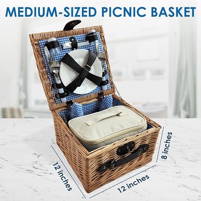 Picnic Basket Set for 2 with Insulated Liner, Waterproof Blanket, Ice Pack and Cutlery Service Kit - Ideal for Camping, Weddings, and Valentine's Day Gifts