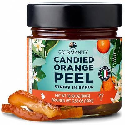 Gourmanity Orange Twist, Italian Candied Orange Peel Strips in Syrup, Cocktail Garnish for Martini, Mojito and Skinny Margarita, Kosher Orange Peel for Baking (10.9oz Jar)