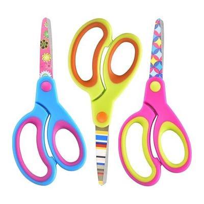 Zicolu Kids Scissors Set, Safety Children Scissors with Blunt-Tip Floral Print Blade and Soft Grip, Great for DIY, Arts, Home, School Classroom Use, Blue/Purple/Yellow