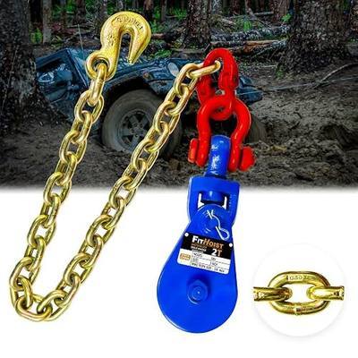 Snatch Block with G80 Chain, 2 Ton, 3/8 in Wire Rope for Tow Truck | 2PC G80 chain blocks with drop-side cable access for tow trucks, rollback wreckers, car haulers and vehicle recovery