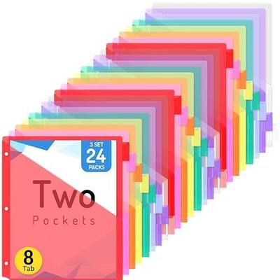 Forvencer 24 Count Binder Dividers with Two Pockets, 8 tab Dividers for 3 Ring Binders Organizer, Binder Divider with Tabs for School Office and Home Organization, Multicolor, 3 Sets