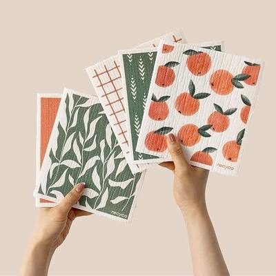 RECYCO Swedish Dishcloths for Kitchen | 5 Pack Peachy Leaves Washable Dish Rags | Cellulose Reusable Cleaning Paper Towels | Absorbent Counter Dish Cloth Sponge Kitchen Wipes, 8" L x 7" W