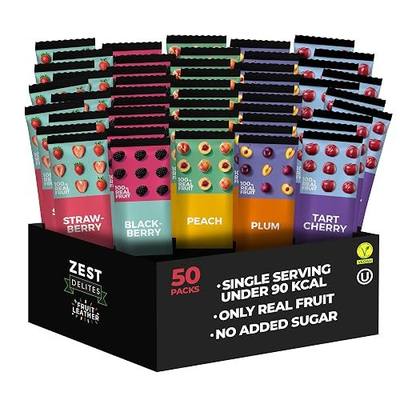Fruit Leather by Zest Delites, Healthy Vegan Fruit Snacks, 5 Fruits, 50pk | Strawberry Peach Blackberry Plum Tart Cherry, Vegan Apple-Based Strips, Healthy Snacks for Adults & Kids, Dried Bars