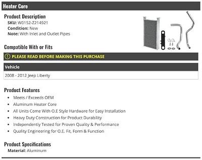 Marketplace Auto Parts - Heater Core - with Inlet and Outlet Pipes - Compatible with 2008-2012 Jeep Liberty