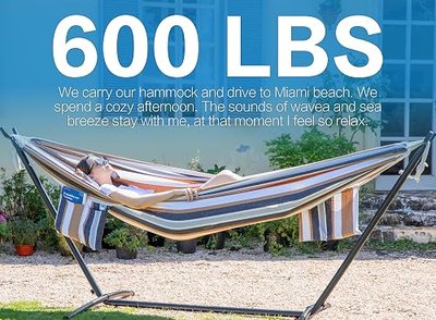 PNAEUT XXL Hammocks with Stand 2-3 Person, Max 600 lbs Capacity, Heavy Duty Hammock Stand for Outside, 2 x Sidebags & Pillow & Tree Straps & Carabiners and Portable Carrying Bag Included (Brown)