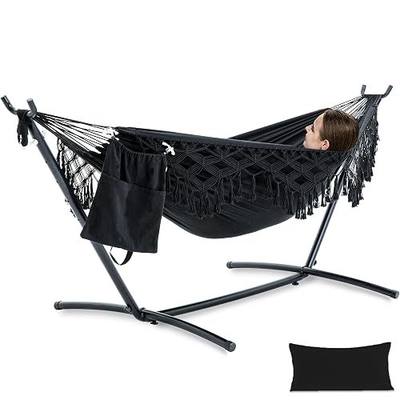 Handmade Tassel Hammocks, Double Hammock with Stand for Outside Indoor Outdoor, Max 450 lbs Capacity, Pillow & Storage Bag Included (Black)