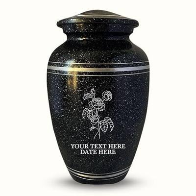 Custom Human Cremation Urn For Adult Ashes Men & Women - Engraved Aluminum vessel with Name, Date and Memorial Floral 3 Design - Hand-Crafted Urn for Human Remains | Black with Silver Rim