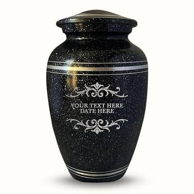 Personalized Custom Human Cremation Urn For Adult Ashes Men & Women - Engraved Aluminum urn with Name, Date and Memorial Decorative Swirl 1 - Hand-Crafted Urn for Human Remains | Black with Silver Rim