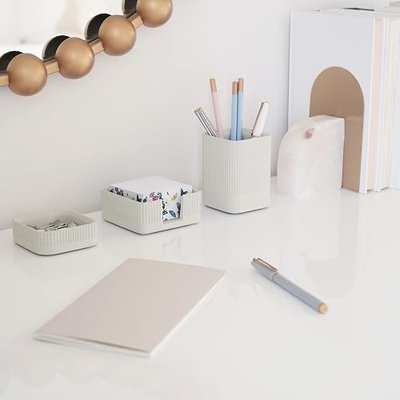 Aesthetic Desk Organizer Set of 3 For Your Office - Sturdy Concrete Desktop Accessories For Women or Men Enhance Any Office Decor - Set incl. Pen Holder, Paperclip Storage and Sticky Note Holder