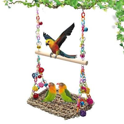 Bird Swing Mat with Wood Perch, AHIER Seagrass Bird Hammock for Conures with Chewing Toy for Parakeets, Budgie, Cockatiel Cage Accessories