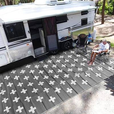 RV Outdoor Rug 9x18 Plastic Large Camping Rugs for Outside, Reversible Waterproof Patio Mat with Carry Bag, Dark Grey & Light Grey