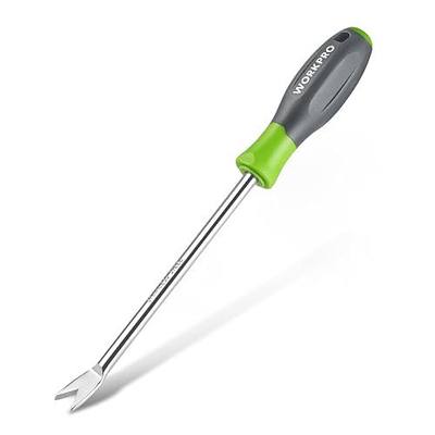 WORKPRO 11.5" Dandelion Weeder Puller Tool with Soft Handle | Polished Stainless Steel Garden Weed Remover Tool, Two-Pronged Fork Weeder Tool for Lawn Farmland Transplant Gardening