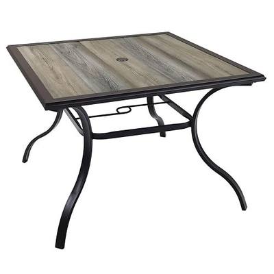 Anmutig 37" Outdoor Dining Table with Square Wooden-Like PVC Table Top | Umbrella Hole, Weather-Resistant Design, Bistro, Garden, Poolside, Backyard -Laminated Top Black Metal Steel Frame