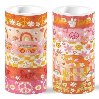 12 Rolls Boho Flower Washi Tape, Hippie Rainbow Floral Paper Tape, Vintage Craft Decorations for Graduation Scrapbooking Gift Packaging DIY