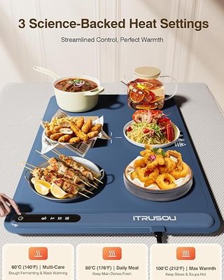 Warming Mat for Food (24"x16") - iTRUSOU 3-Year Classic Electric Warming Tray with 3-Level Temp Control, Rapid Heating 250W Energy-Saving - Rollable Large Food Warming Mat for Parties & Buffet