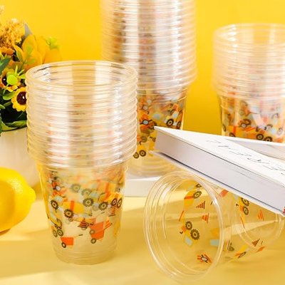 Uiifan 50 Pcs Construction Cups 12 oz Construction Birthday Party Supplies | Truck Theme Plastic Cups Disposable Dump Traffic Glasses for Home Birthday Party Favors Supplies Decoration