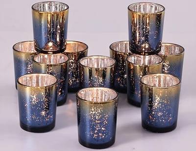 Volens Navy Votive Candle Holders Set of 12, Speckles Mercury Glass Tealight Candle Holder Bulk for Table Wedding Centerpiece, Navy Blue and Gold Themed Party Decorative & Home Decor