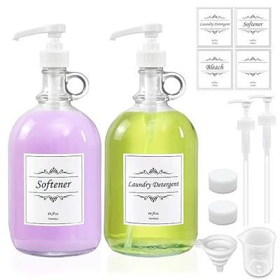 2 Pack Laundry Detergent Dispenser with Pump and Lid, 64 Oz Glass Bottles for Laundry Room Organization and Storage, Fabric Softener Dispenser for Washer