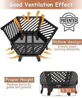 22.5 Inch Portable Hexagon Fire Pit with Travel Bag — Smokeless Patented Design Outdoor Wood Burning Fire Pit for Camping, Backyard, Patio, Bonfire, Picnic and BBQ, Diagonal Hollow Style